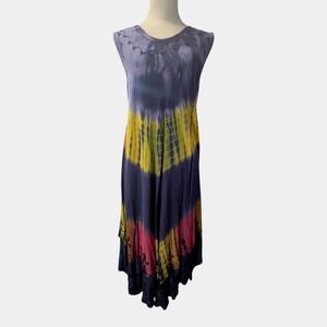 Somya Collection Tie Dye Sleeveless Handkerchief Hem Midi Dress OS Purple Multi